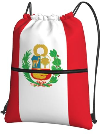 Chrysm Rucksack mit Kordelzug, Reißverschluss, Flagge von Peru, Tasche für Yoga, Fitnessstudio, Schwimmen, Reisen, Fitness, Sport, Schwarz, Einheitsgröße, Tagesrucksäcke