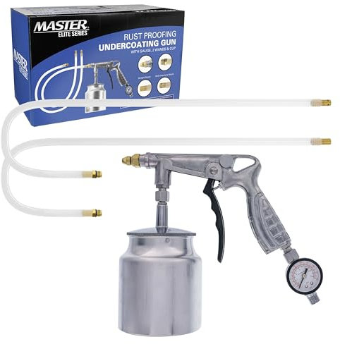 Master Elite Air Rust Proofing and Undercoating Gun with Gauge & Suction Feed Cup, 2 Wands - 22 Long Flexible Extension Wand with Multi-Directional Nozzle - Spray Truck Bed Liner Rubberized Undercoat