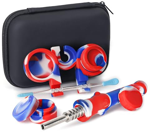 SUNNEKO Silikon-Honigbienen-Dampf-Strohhalm-Set, Tupf-Strohhalm, Öl-Rigs-Schalen, Sammler, Titanspitze, 16,5 cm, Wachsschnitz-Reisewerkzeug-Set Mit Reiseetui (Rot + Blau +