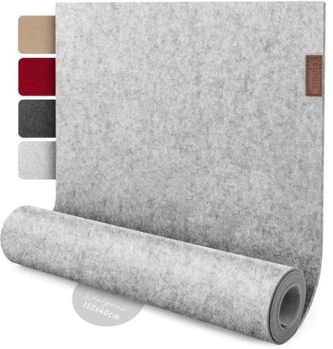 smøla Design Tischläufer Grau aus Filz I 150x40 cm Tischband I Skandinavischer Filzläufer Abwaschbar mit Leder Label I Tischdeko Tischläufer modern Edelgrau