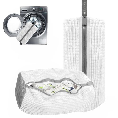 Aluusy Schuhwaschbeutel Waschmaschine 2 Stück Wäschesack Schuhe Groβ mit 360° Reinigung Flaum, Wiederverwendbarer Waschbeutel Schuhe Waschmaschine mit Reißverschluss für Sneaker (Weiß)