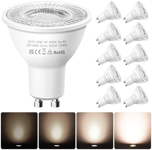 GU10 LED Spotlight Bulbs, Dimmable Natural White 4000K 4.9W Energy Saving Light Bulbs, (Equivalent to 50W) Halogen Spotlight Bulbs, LED Bulbs for Ceiling, Pack of 10