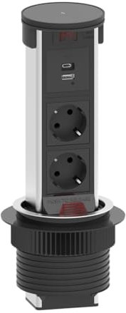 ELbe Inno Versenkbare Steckdose, Aluminium Tischsteckdose mit 15W Kabellosem Ladegerät,1 USB-A & 1 USB-C,2 Steckdosen,1.8M Kabel, Einbausteckdose für Arbeitsplätze, Büros und Küchen, Durchmesser 95MM