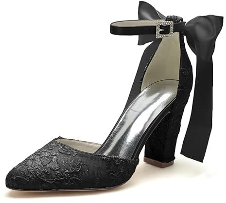 XIUWOUG Scarpe a Punta Chiusa per Donna - Sandali da Sposa in Satin Avorio con Taloni Alti per Abiti da Cerimonia e Occasioni Formale,Nero,39