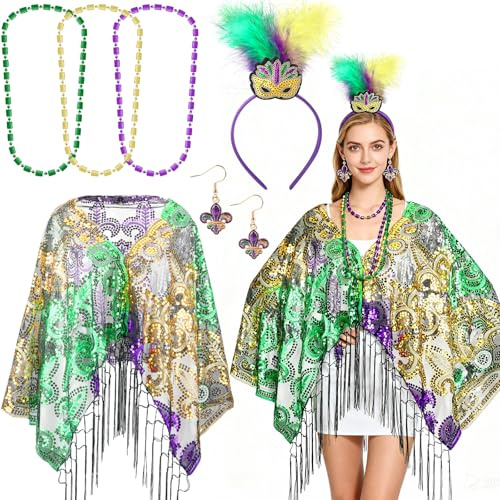 Beipegin Mardi Gras Kostüm Zubehör Set Damen Poncho Karneval Mardi Gras Ketten Haarband Ohrringe Fasching Poncho Karneval Kostüm Damen