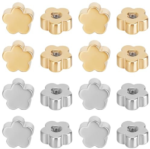 Beebeecraft 1 Caja de 60 Piezas de 2 Colores de Acero Inoxidable con Tornillos Traseros (Orificio: 1.2mm /Calibre 16) Tuercas de Repuesto para Pendientes de Flores Chapadas En Oro de 18 Quilates