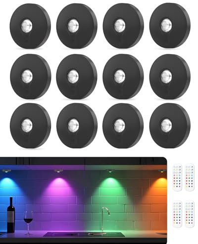 WUYOR USB Aufladbar RGB LED Spots Akku mit Fernbedienung, Farbwechsel Led Unterbauleuchte, Magnetisch Dimmbar Akku Schrankbeleuchtung, Kabellos Vitrinenbeleuchtung mit Timing Funktion Schwarz 12PCS