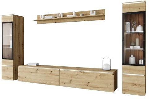 Mirjan24 Wohnwand Doppo II, Schrankwand, griffloses Öffnen, Anbauwand, Fernsehschrank, Mediawand, Wandregal, TV-Lowboard, 2X Hängevitrine (Artisan Eiche, mit weißer LED Beleuchtung)