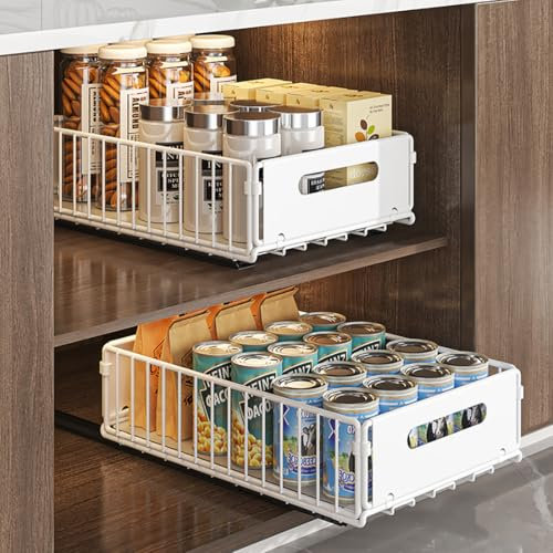 YunNasi Organizador de Gabinete Extraíble con Estantes de Almacenamiento Deslizantes, Organizador de Armario, Cesta Deslizante para Cocina, sin taladrar ni clavar (Blanco, 2Bloque 38D X 25W X10H CM)