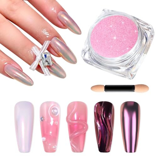 BISHENGYF Chrome Nail Powder - 【Fairy Effect】 Pink Chrome Nail Powder Aurora Mermaid Iridescent Chrome Powder For Nails, Pink Nail Chrome Powders Metallic Mirror Glitter Pigment Dust For Manicure DIY