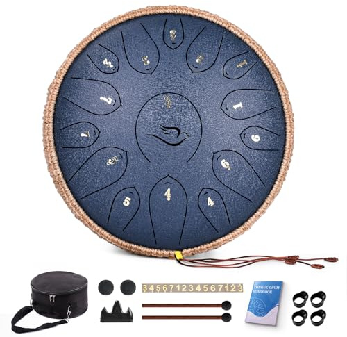 Steel Tongue Drum, 12 Zoll 15 Note Tongue Drums, Handpan Drums Percussion Instrument für Kinder & Erwachsene, Hand Pan Drum mit Notenbuch, Schlagzeug Schlägel und Tragetasche, Dur C (Marineblau)