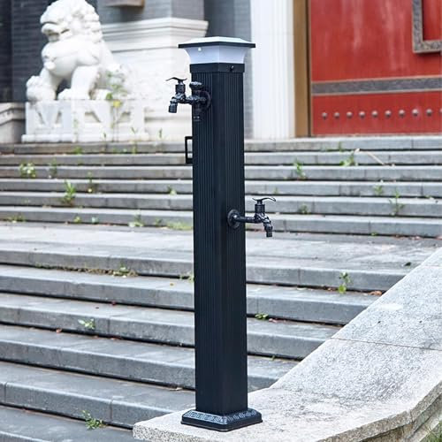 Freistehender Außenwasserhahn, Aluminium-Gartenwassersäule for den Außenbereich mit Solarleuchten, 5-15 Verstellbarer Schlauch mit Spritzpistole, Wasserhydrant for die Gartenbewässerung
