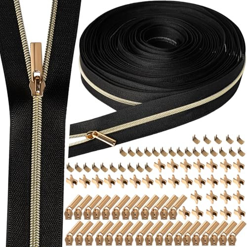 VOKABY 3# 9 M Cerniera Lampo,Cerniere in Nylon per Cucito a Metro,Inclusi 30 Tiretti per Cerniere in Metallo,60 Fibbie di Arresto Superiori Inferiori per Cerniere (Nero-Oro)