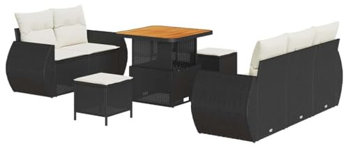 vidaXL Außen Garten Sofa Set mit Kissen aus schwarzem Rattan und cremeweißem Holz – wetterfest, stylische Möbel für deinen Balkon oder Garten. Teil der Terrasse Lounge Patio Kollektion.