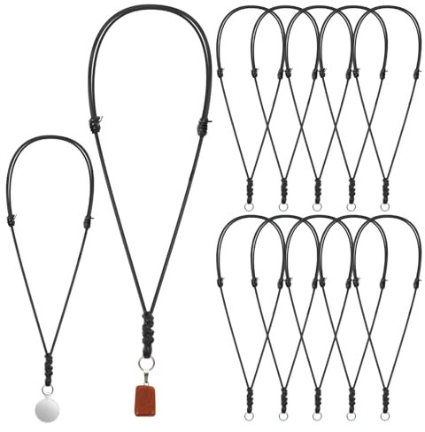 10PCS Rope Necklace for Men Black Adjustable Leather Necklace Cord Vintage Handmade Craft Knotted Necklaces Cord with Metal Ring for Hanging Pendants Rope(12-25inches)