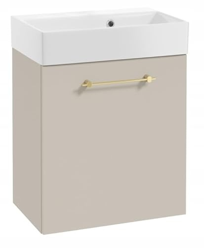 DomoDomo - Waschbeckenunterschrank 60 cm breit Hängend – Bad Unterschrank Kaschmir Matt – Mit Waschbecken – Soft Close Tür, Goldgriff, Glamour Stil
