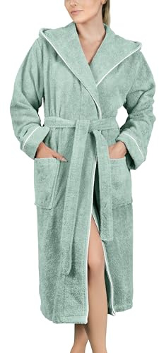 LAYNENBURG Bademantel Damen Frottee - Kapuze - Lang - 100% Baumwolle (360g/m2) - OEKO TEX Standard 100 - Größe (XXL, Eukalyptus)