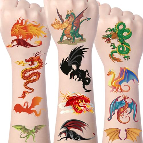 Eiapadeor Dragon Temporary Tattoos for Kids, Dragon Party Favors Decorations Supplies, Cool Fake Tattoos Stickers Bulk Gifts Boys