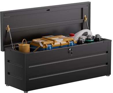 FlairVibe Gartenbox aus Metall in Schwarz 450L | Outdoor Kissenbox für den Garten mit Rostfeste Beschichtung | Outdoor Aufbewahrungsbox/Auflagenbox wasserdicht für Kissen - 150x52x60cm