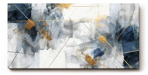 Sinus Art Wandbild 100x50cm Elegantes abstraktes Design in Blau, Grau und Weiß mit goldenen Linien für moderne Raumgestaltung