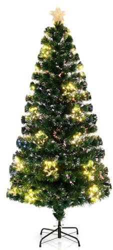 COSTWAY 4FT/5FT/6FT Pre-Lit Christmas Tree, Fiber Optic Artificial Xmas Trees with Warm White Shape-Adjustable Star Lights & Top Star, Christmas Decor Tree for Home Office Holiday Party (180 cm)