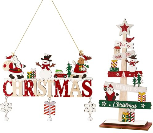 2pcs Wooden Merry Christmas Sign – Hanging and Tabletop Christmas Decorations for Home, Wall, Door or Shelf, Indoor Xmas Decor with Festive Designs