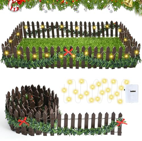 Wichtel Zaun, Wichtel Zubehör Weihnachten, Miniatur Zaun Gartenzaun Holz, Mini Lichterkette Wichtels, Puppenhaus Zubehör, Weihnachtsbaum Zauns mit 200 cm Wichtels Lichterkette LED (B)
