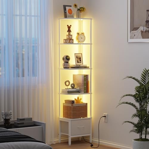 OYRREU 5-Tier Corner Shelf with LED Light & Fabric Drawer, White | APP Control LED, Easy Assembly, Fit Small Space, 27cm×37cm Footprint, Tall Narrow Bookshelf, Display Shelf, Storage Drawer