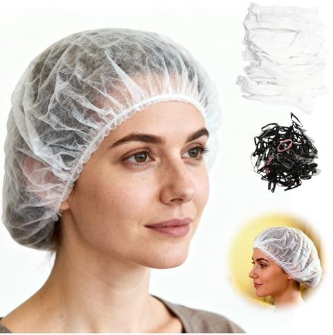 100 x Haarhaube, 48 cm, Einweg-Vliesstoff, Staubschutz, für Küche, Labor, Lebensmittel, Haarschutz aus Stoff, mit 100 x Einweghaaren