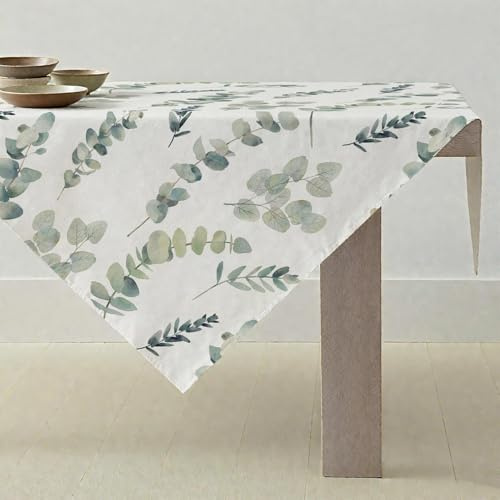 ViaElayu Tischdecke Frühling 100x100 Klein Gartentischdecke Outdoor Mitteldecke Modern Grün Eukalyptus Blätter Mintgrün Aquarell Tischdecken Abwaschbar Quadrat Garten Tischdecken für Draußen