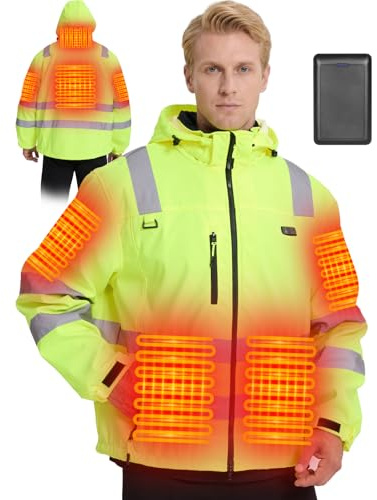 Chauffante Pilote-Veste de Travail Visibilité, Blouson Hi-Vis, Veste Travail Homme avec Doublure en Feutrine Batterie 16000mAh 6 Zones Chauffantes & 3 Niveaux de Température avec Capuche Amovible