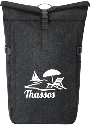 Huuraa Kurierrucksack Thassos Inselmotiv Griechenland Geschenk | 30-44 Liter Backpack Black Melange Fairtrade Rolltop Rucksack Geschenkidee Schwarzer Laptop-Rucksack passend für 17-Zoll