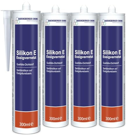 Ravensberger Chemie Silikon E essigvernetzt – Sanitär Dichtstoff für Bad, Küche & Bau – acetoxy, elastisch – ideal für Fugen an Waschbecken, Dusche, Wanne, Fliesen & Glas – Kartusche (4 x 300 ml)