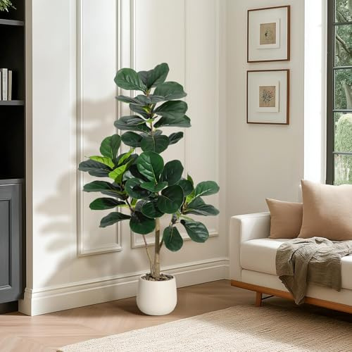 Artificial Fiddle Leaf Fig Tree,152cm Faux Ficus Lyrata with 77 Realistic Leaves,Lifelike Indoor Floor Plant for Home, Living Room, or Office,7.8in White or Black Pot