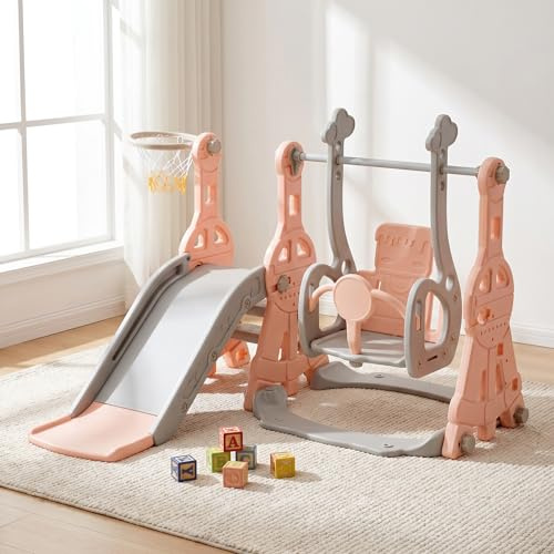 ZSSWSS Kinder Spielplatz 4 in 1 mit Rutsche und Schaukel, Indoor Outdoor Spielturm mit Basketballkorb und Leiter, Kleinkind Spielgerät aus Kunststoff, Baby Spielcenter Garten (Rosa, A)