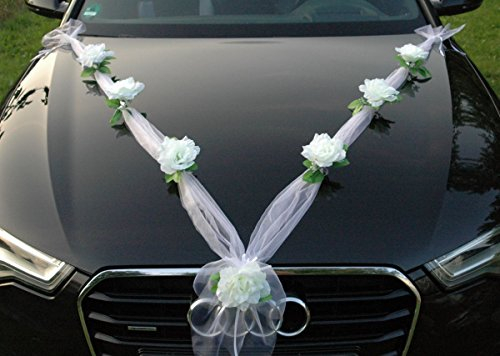 Organza M Auto Schmuck Braut Paar Rose Deko Dekoration Autoschmuck Hochzeit Car Auto Wedding Deko Girlande PKW (Weiß/Weiß)