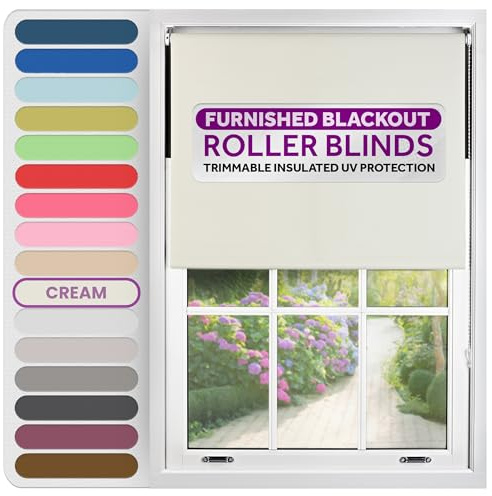 FURNISHED Roller Blinds Window Blackout, Cream, 150cm Wide x 165cm Long | Thermal 100% blackout trimmable insulated UV protection child safe easy fit home office window blinds
