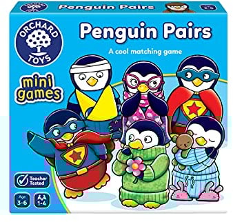 Orchard Toys Penguin Pairs, Fun Memory Matching Game for Kids Aged 3+ Develops Memory, Concentration, and Cognitive Skills Ideal for 2-4 Players, Travel-Friendly, Durable Cards for Long-Lasting Play