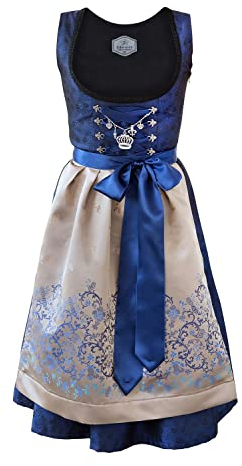Edelnice Trachtenmode Bayerisches Damen Midi Dirndl Kleid 2-teilig + Schürze Royalblau Gold - Blau Gr. 38