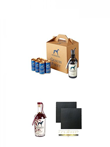 Windspiel Gin & Tonic Genusspaket 1 Stück (6 Dosen) + Windspiel - Sloe 33,3% - Gin Deutschland 0,5 Liter + Schiefer Glasuntersetzer eckig ca. 9,5 cm Ø 2 Stück