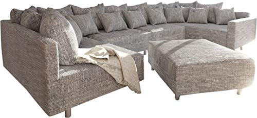 DELIFE Couch Clovis XL Hellgrau Strukturstoff mit Hocker und Armlehne Wohnlandschaft