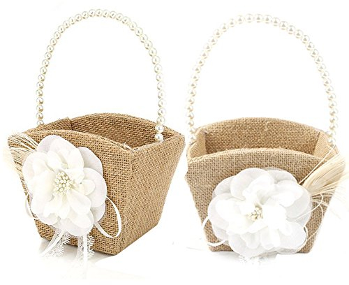 Awtlife Lot de 2 paniers rustiques en toile de jute avec poignée en perles pour cérémonie de mariage vintage rustique