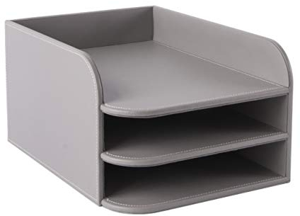OSCO Grey Faux Leather Three Tier Designer Letter Tray | A4 | Desk File Organiser | Paper Storage | Office Document Sorter | Paperwork Filing | No Assembly Required | H17 x W25 x D33.5 cm |