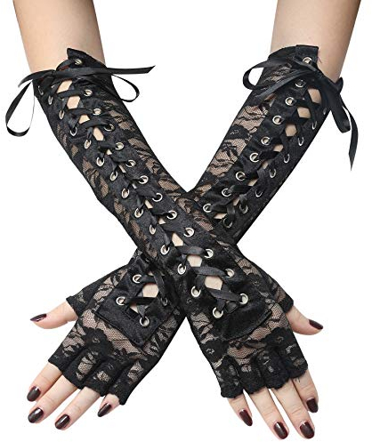 Coucoland Handschuhe Damen Lang mit Senkel Opera Fest Party Halbhandschuhe Damen Fasching Kostüm Accessoires (Spitze Schwarz)