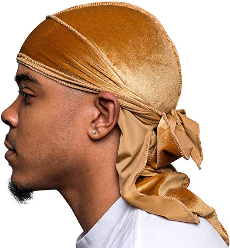Veeta Superior Velvet Durag – Weiche Samt-Durags für Männer und Frauen, Lange, doppelt breite Träger, seidiges Durag-Futter, dreifach genäht, Gold, Einheitsgröße