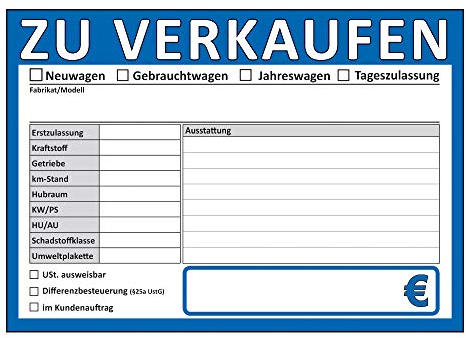 ZU VERKAUFEN Schilder DIN A4, beidseitig bedruckt, KFZ, Auto, PKW Handel (DIN A4, Blau, 10)