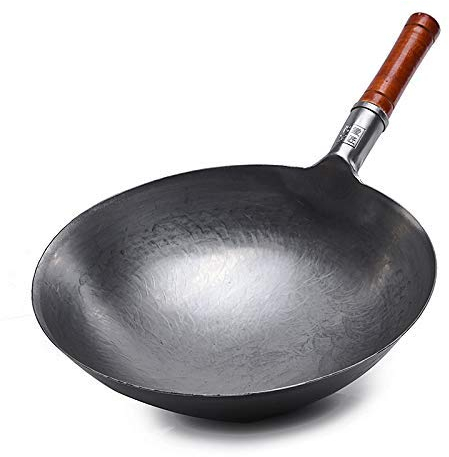 BESTHINKY Wok de Acero al Carbono de 12.5 Pulgadas, profesión Wok de Acero al Carbono Martillado a Mano Tradicional Chino con Mango de Madera y Ayuda de Acero