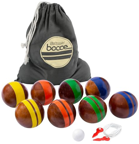 GoSports Boccia-Set aus Hartholz, 100 mm, mit 8 hochwertigen Holzkugeln mit 340 g, Pallino, Koffer und Messschnur