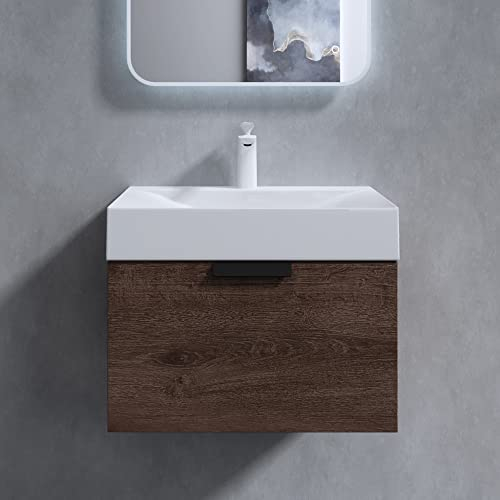 doporro Meuble sous Vasque Marron 60cm et Lavabo Blanc Meuble de Salle de Bain Aspect Bois de Chêne Design Lonato