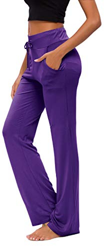 OURCAN Damen Yoga Hose Mit Taschen Breites Bein Kordelzug Lose Gerade Lounge Laufen Workout Modale Hose Aktive Freizeit Jogginghose (Dunkelviolett, M)